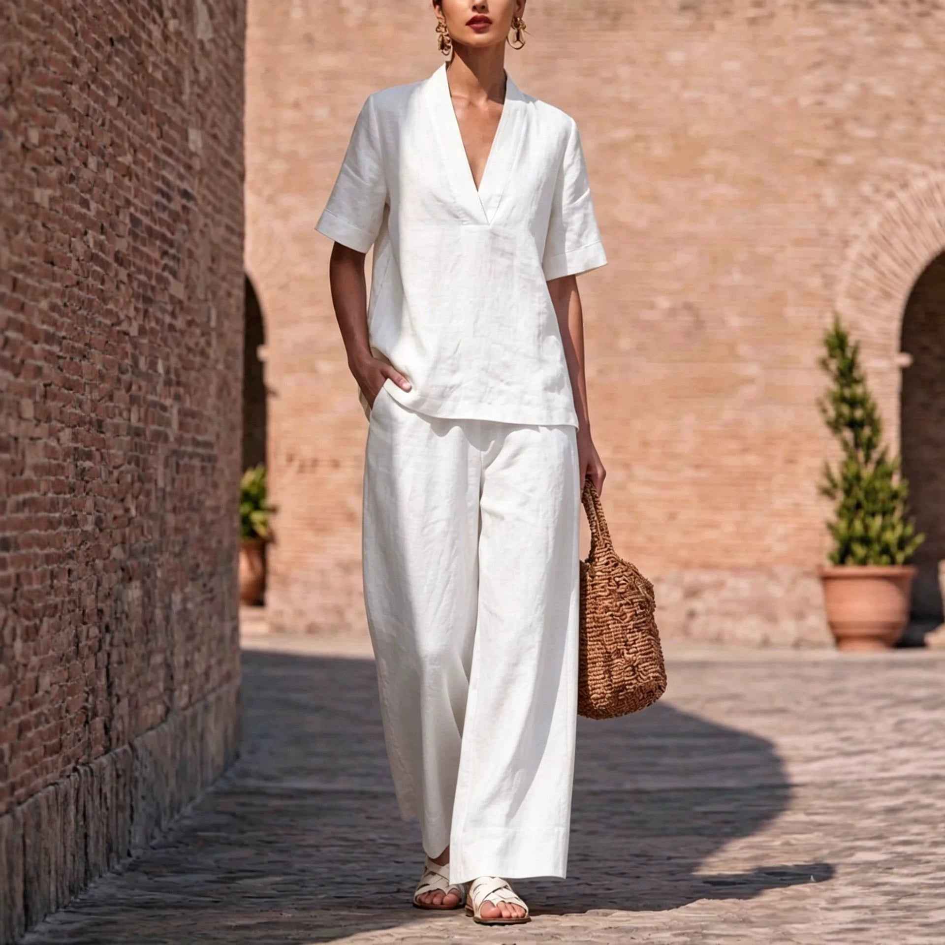 Women's V-Neck Top & Trousers Set — 6 Colours, S–2XL