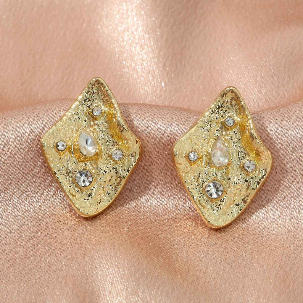 Trendy Geometric Diamond Square Stud Earrings, Satin Plated Metal Full Shiny Crystal Minimalist Office Daily Ear Jewelry
