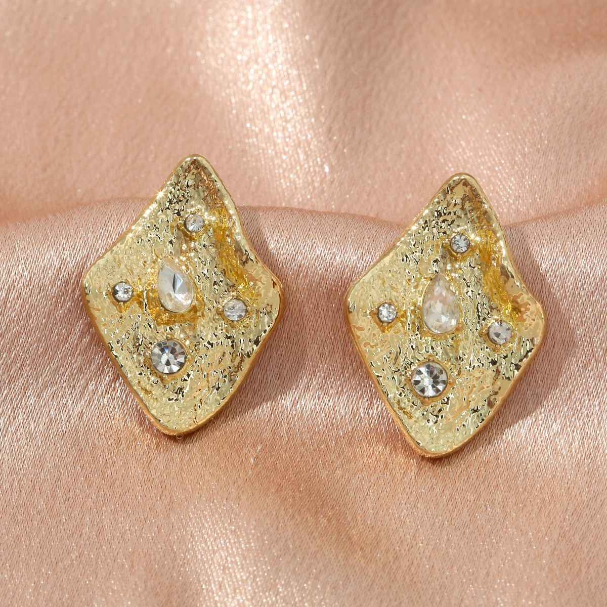 Trendy Geometric Diamond Square Stud Earrings, Satin Plated Metal Full Shiny Crystal Minimalist Office Daily Ear Jewelry