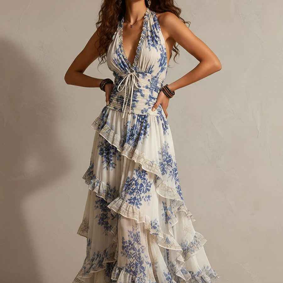 Multi-layered Ruffle-Trimmed Asymmetrical Long Holiday Dress