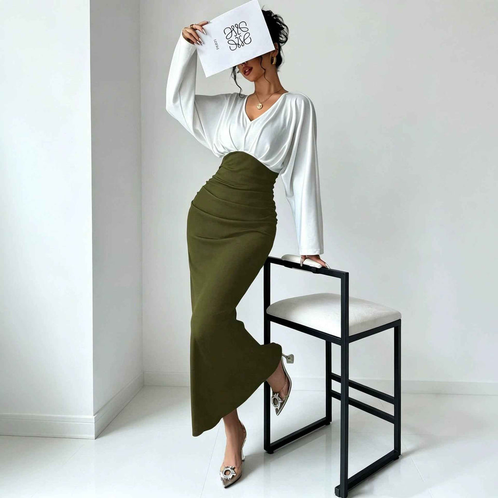 Womens Solid-Color Patchwork Long-Sleeve Slim-Fit Dress