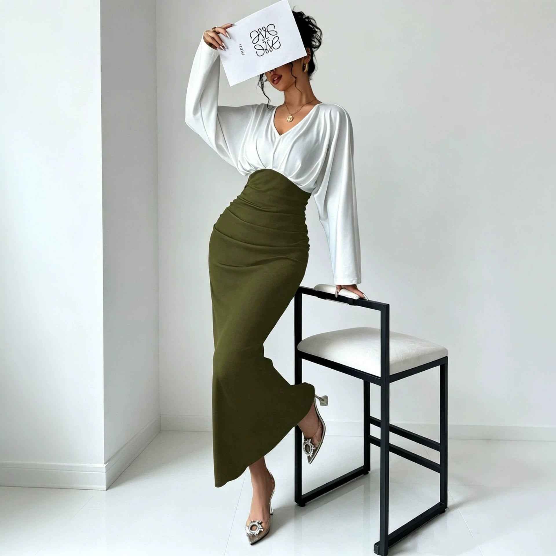 Womens Solid-Color Patchwork Long-Sleeve Slim-Fit Dress