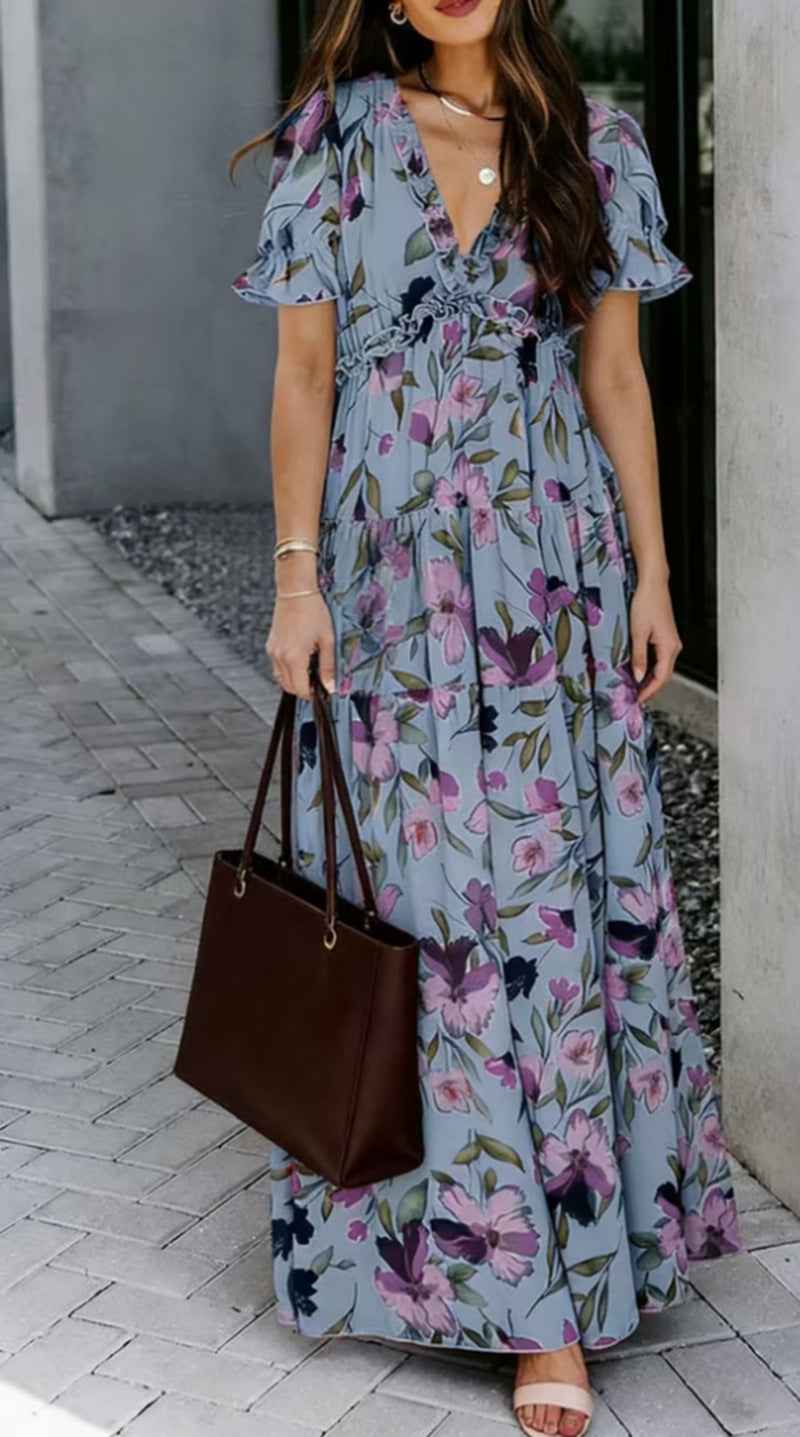 European And American-style Floral-print V-neck Womens Dress