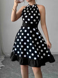Polka-Dot Colour-Block A-Line Maxi Dress — Bow-Tie High-Waist