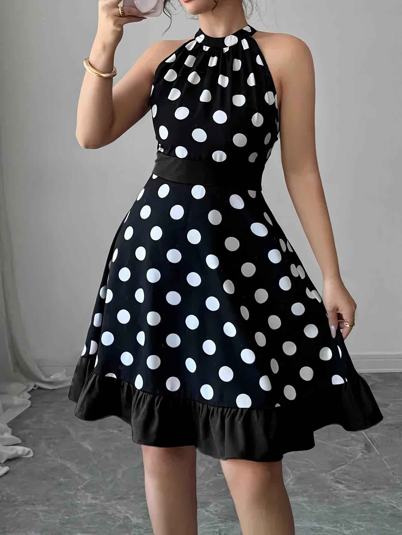 Polka-Dot Colour-Block A-Line Maxi Dress — Bow-Tie High-Waist