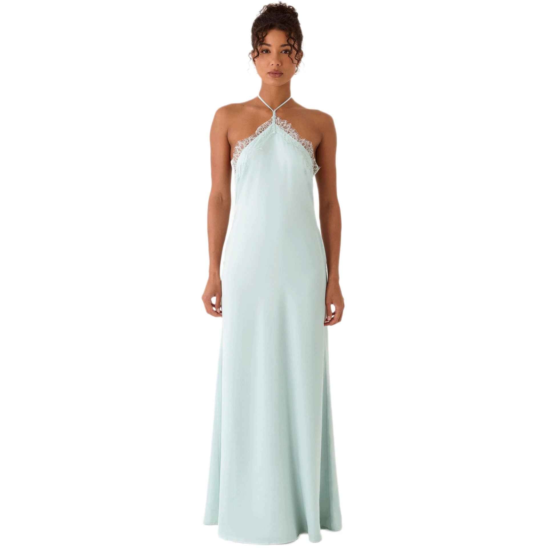 Lace-Spliced Open-Back Slim-Fit High-Waist A-Line Long Slip Dress