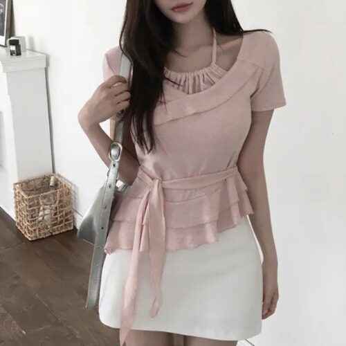 Ruffled Hem Mock Two-Piece Top – Summer Blouse
