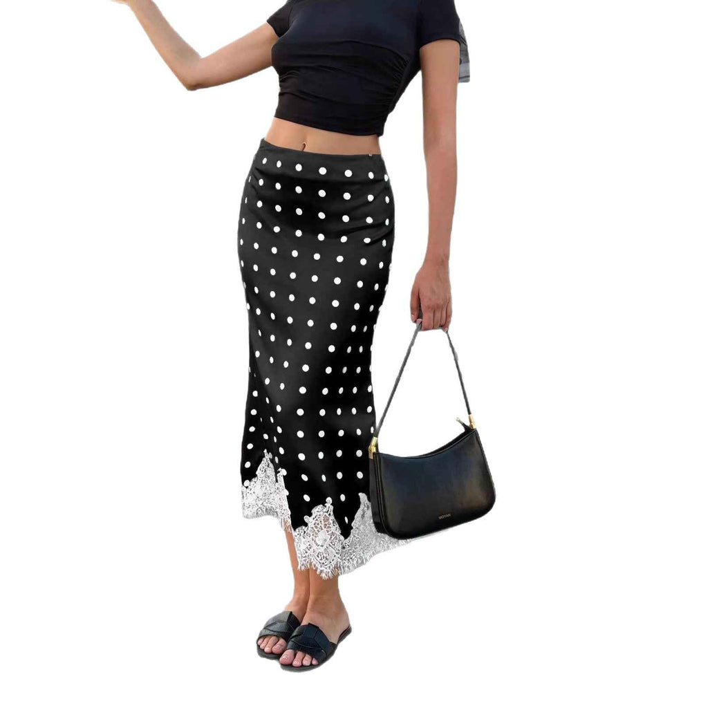 Polka-Dot Lace Panel Mid-Length Skirt – Sweet & Feminine