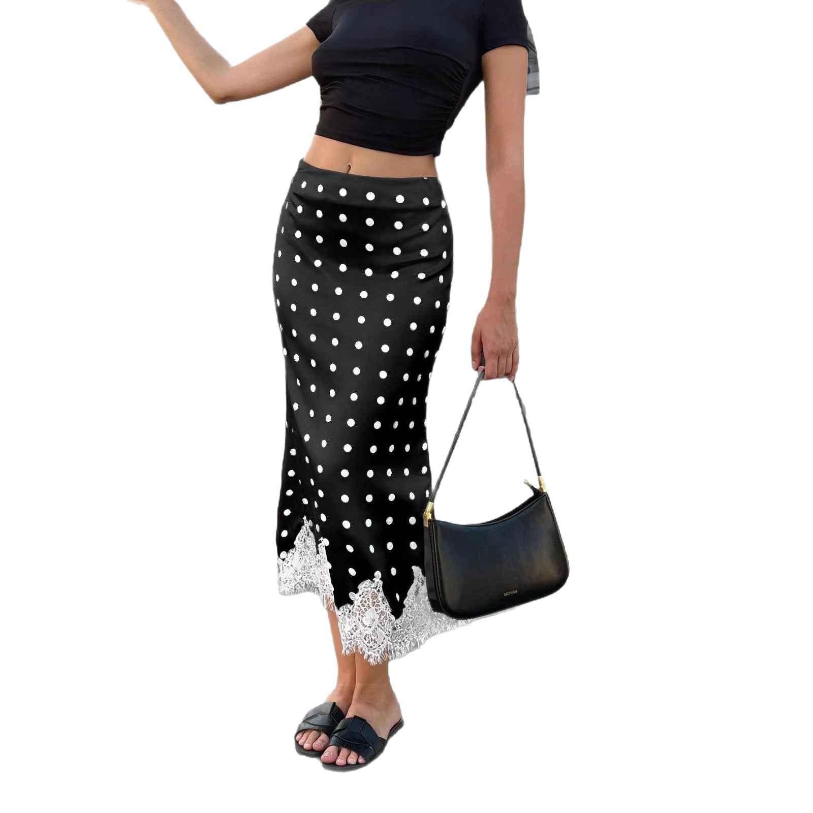 Polka-Dot Lace Panel Mid-Length Skirt – Sweet & Feminine