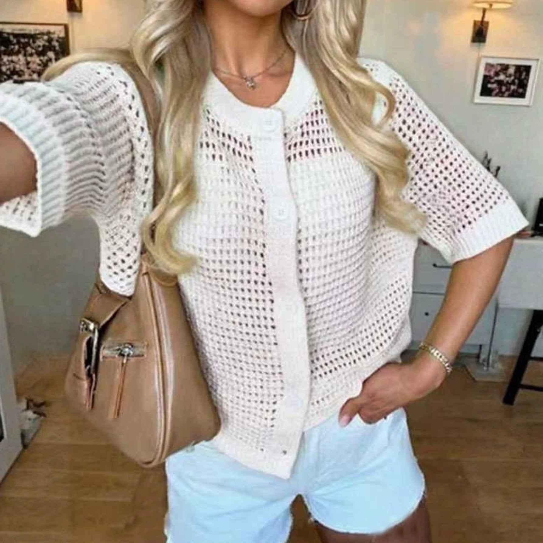 Hollow-Out Knit Open-Front Cardigan