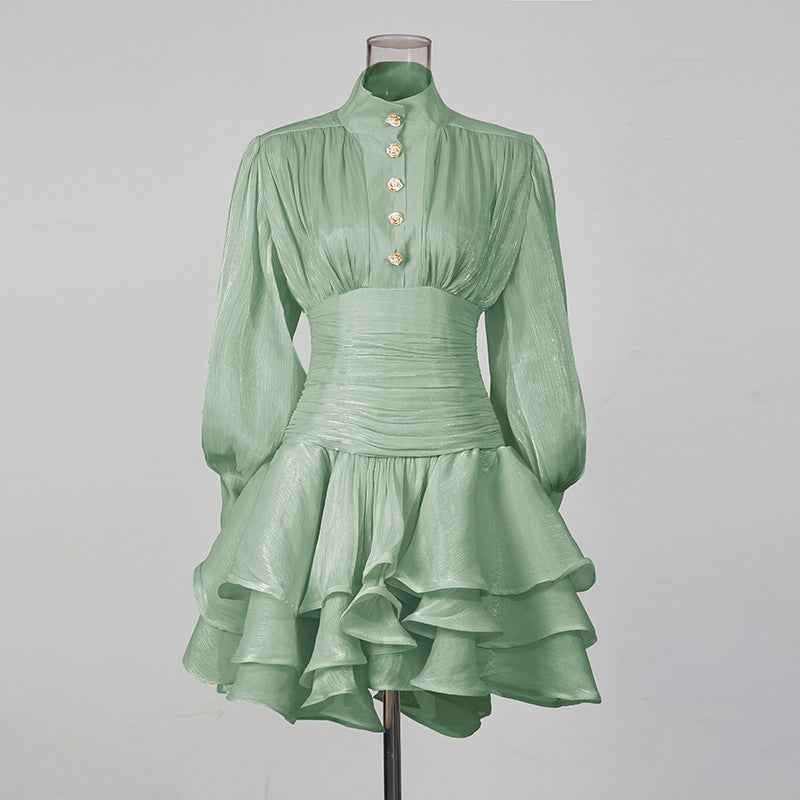 High-Waist Puff-Sleeve Ruffle Hem A-Line Mini Dress