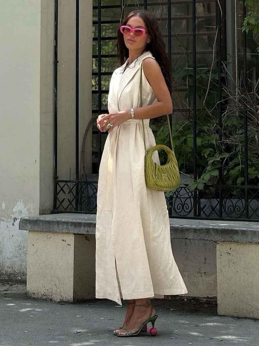 Sleeveless Lapel Wrap Belted Midi Blazer Dress