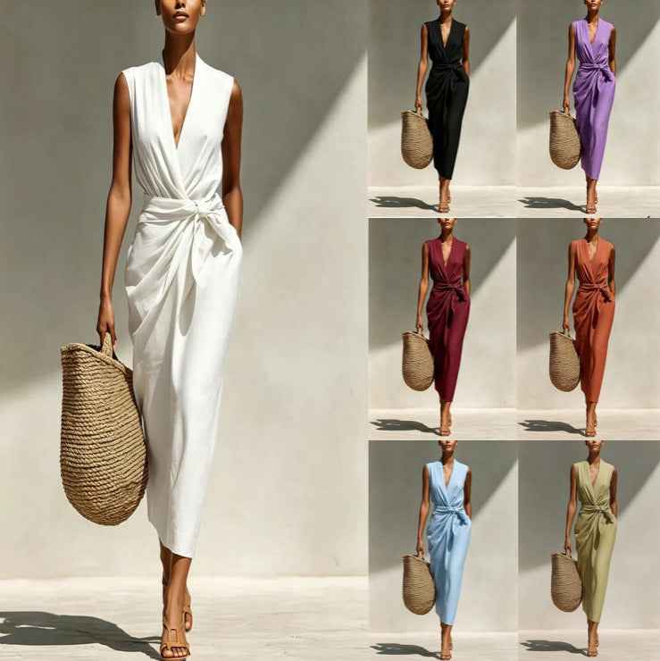 Sleeveless Adjustable-Waist Pleated Linen Slim-Fit Midi Dress