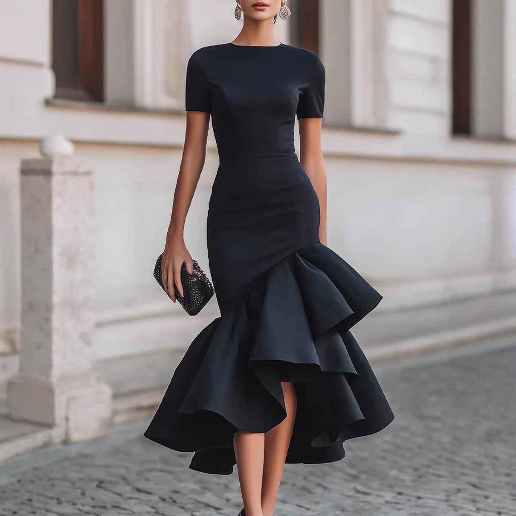 Short-Sleeve Mid-Waist Slim-Fit Knit Sheath Midi Dress