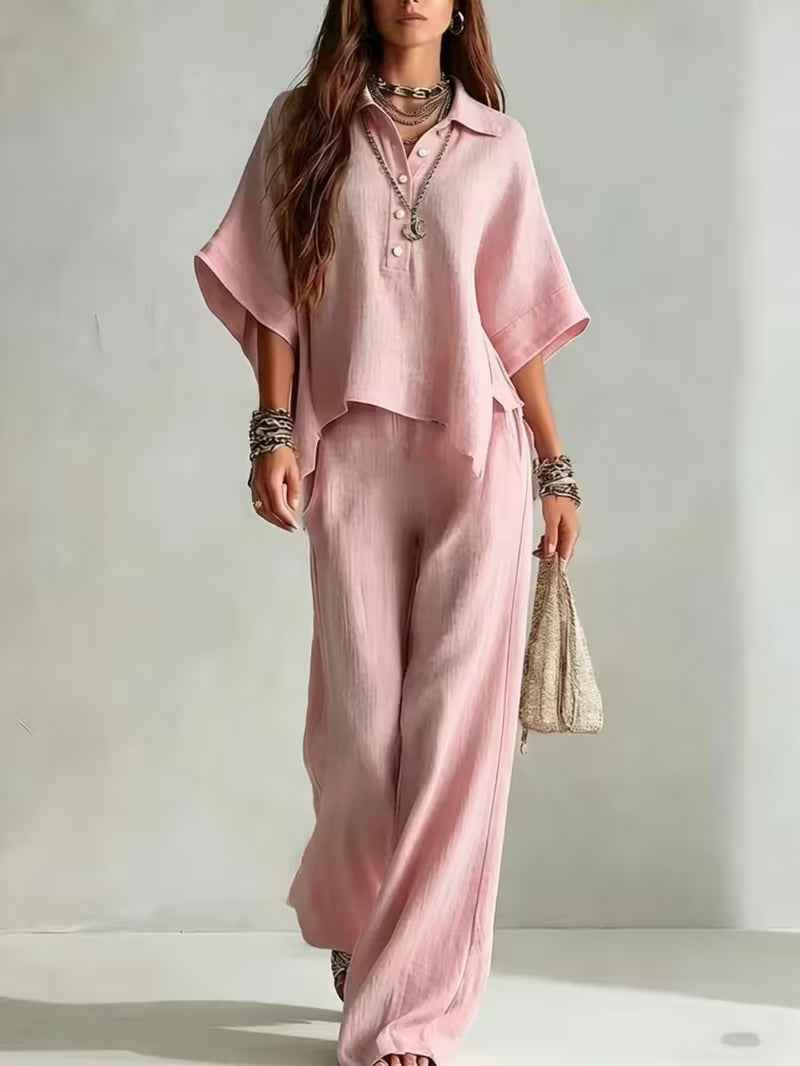 Loose Fit Linen Blend Collared Shirt & Wide Leg Pants Two-Piece Set