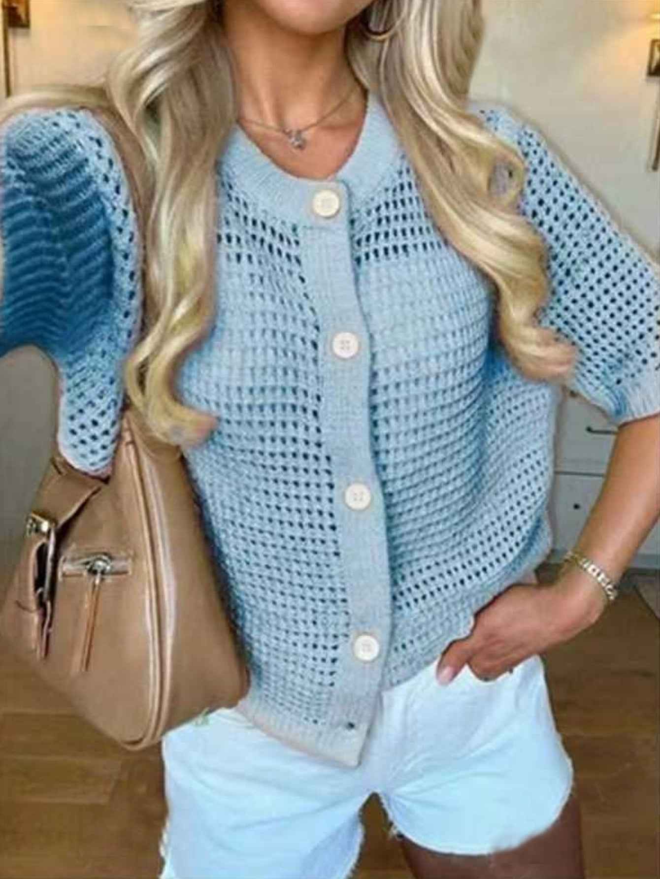 Hollow-Out Knit Open-Front Cardigan