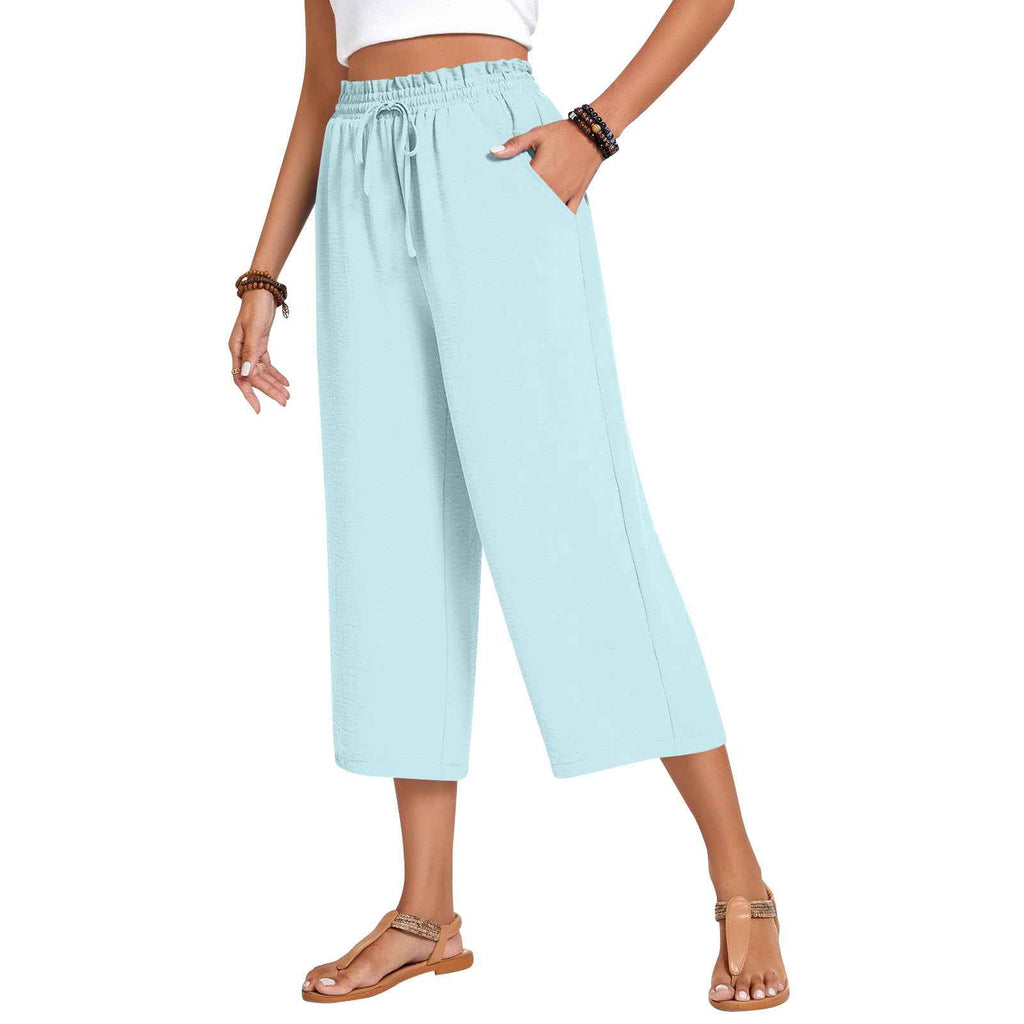 Women's Wide-Leg Cropped Pants – Elastic Waist, Cotton Linen