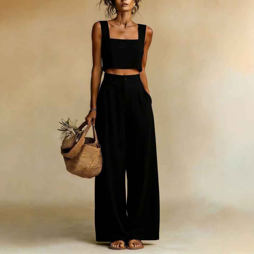 Square-Neck Vest & Wide-Leg Trousers Set – Minimalist Two-Piece
