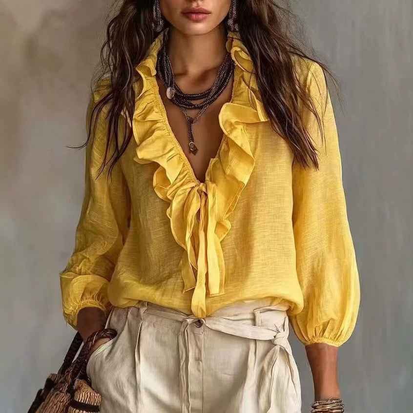 Women's Ruffle-Trim V-Neck Lace-Up Blouse with Flared Sleeves — 3 Colours
