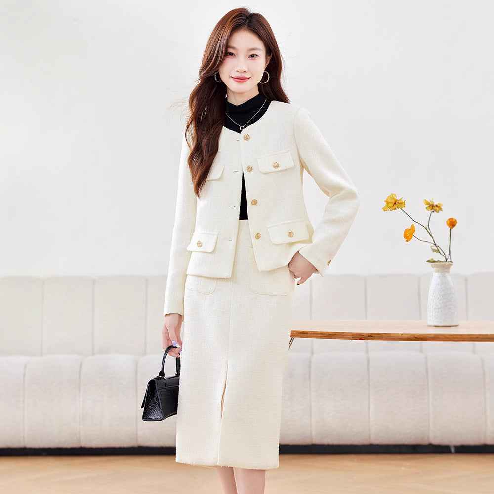 Women's Long-Sleeve Blazer & Midi Skirt Suit Set — 2 Colours