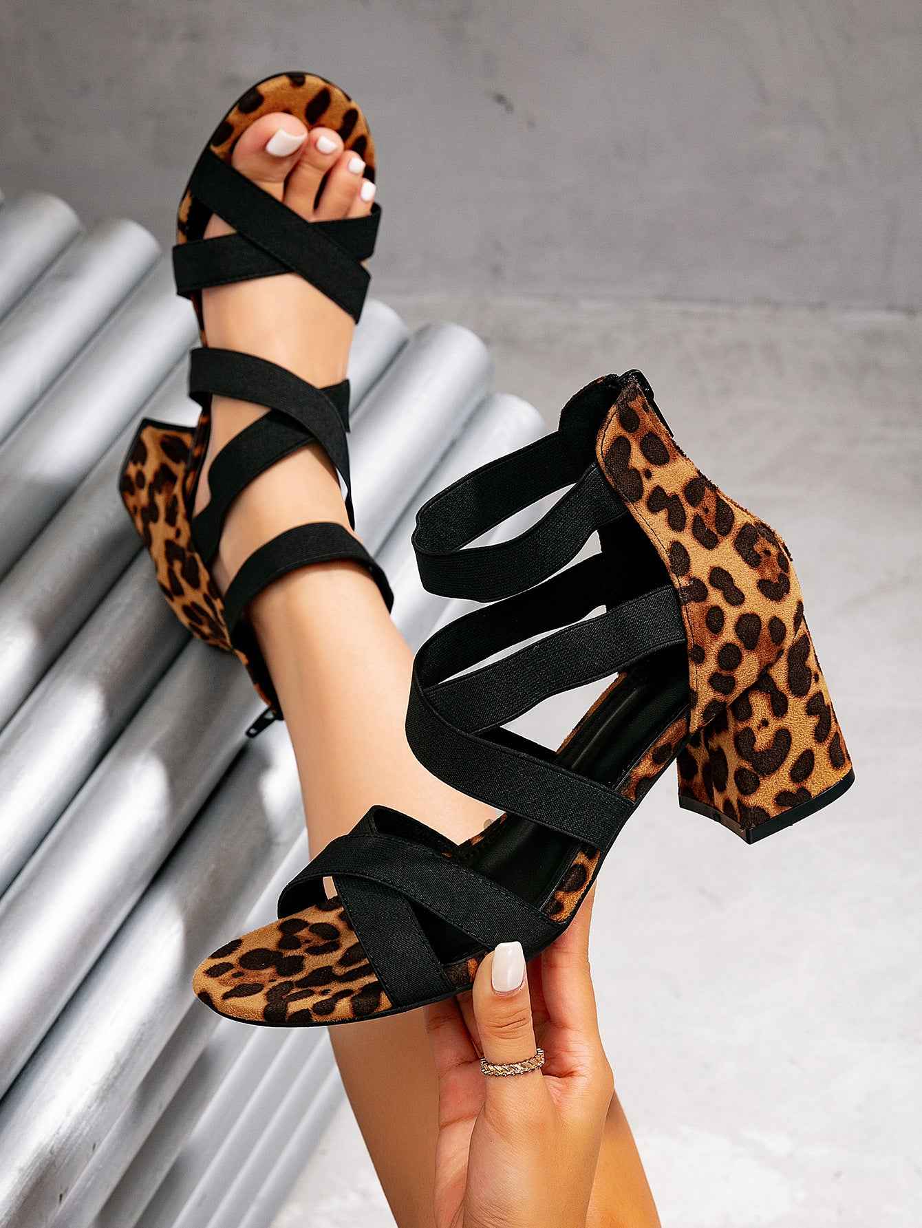 Square-Heel Open-Toe Sandals with Side Cutouts