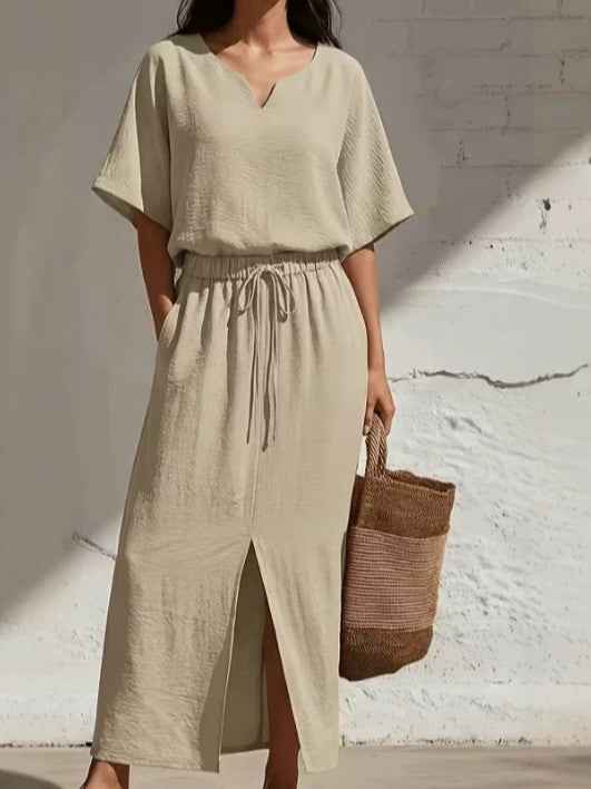 Boho Batwing V-Neck Top & Wide-Leg Maxi Skirt Two-Piece Set