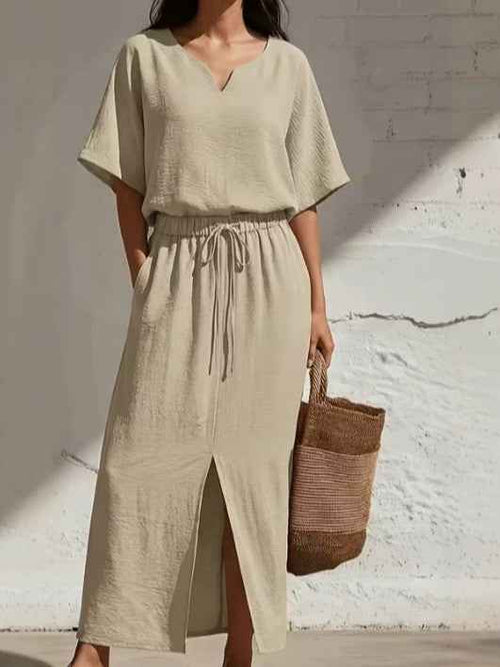 Boho Batwing V-Neck Top & Wide-Leg Maxi Skirt Two-Piece Set
