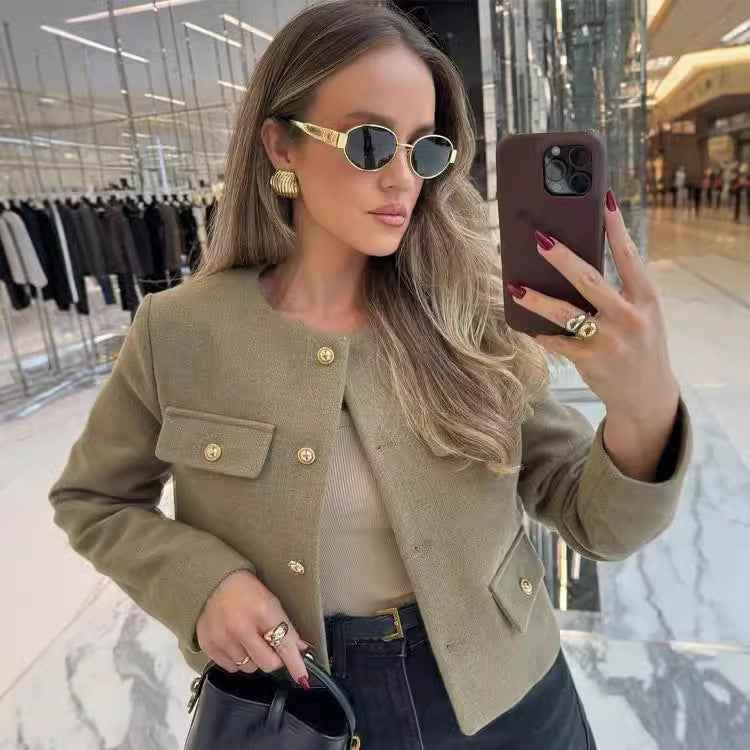 Cropped Crew-Neck Jacket with Pockets