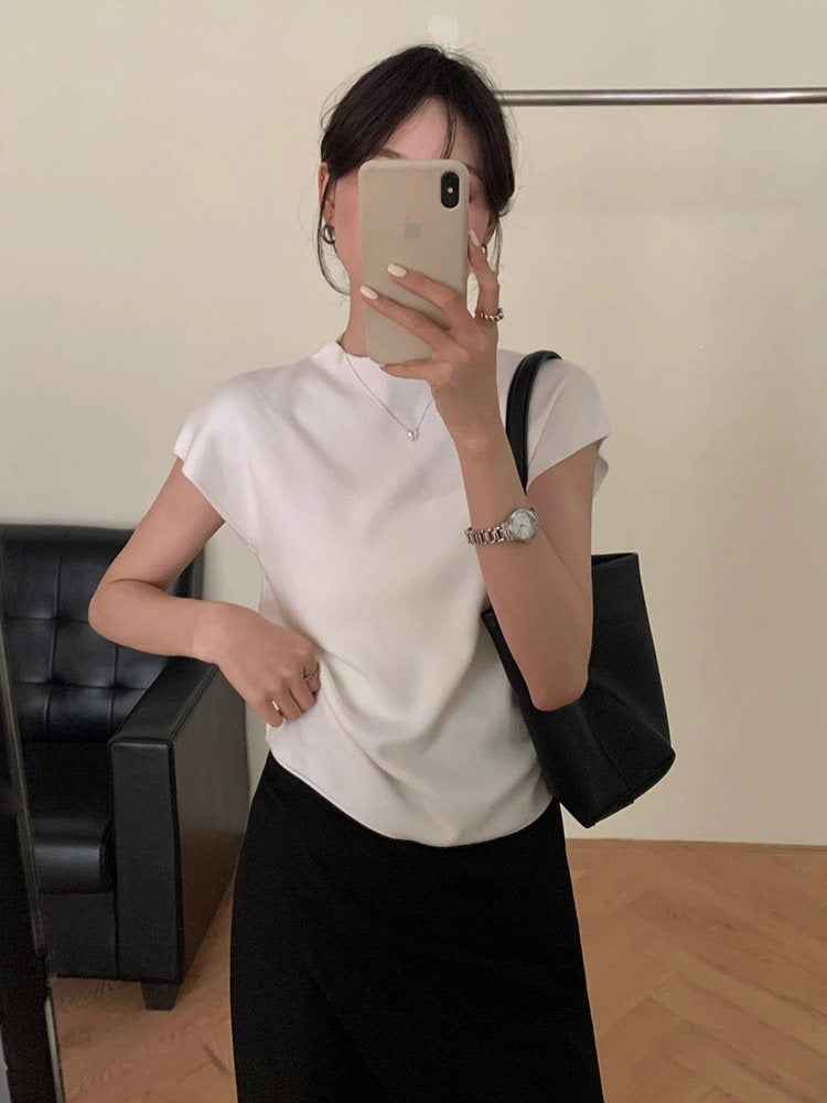 Womens Half-Neck Short-Sleeve T-Shirt Summer Slim-Fit Cropped Knit Top