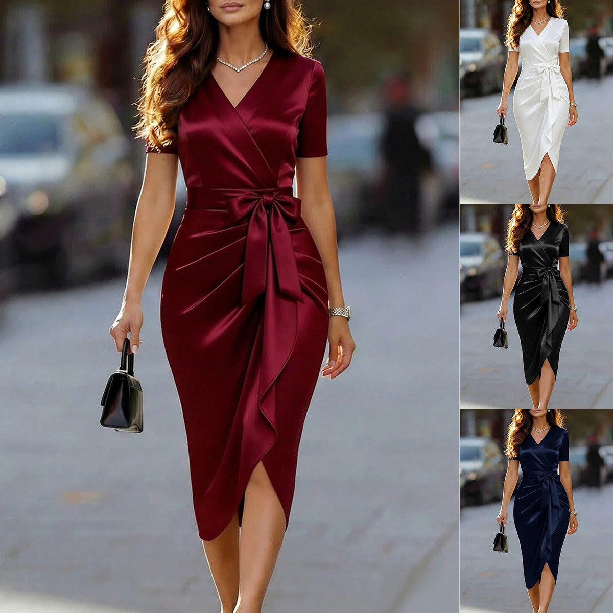 Asymmetric Cross-Strap High-Waist Slim Dress — Short Sleeve