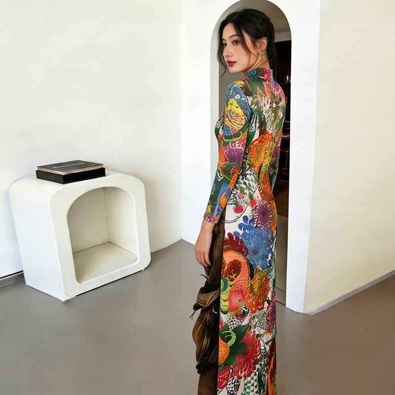 Womens Fashion Printed Long-sleeve Mock-neck High-slit Dress