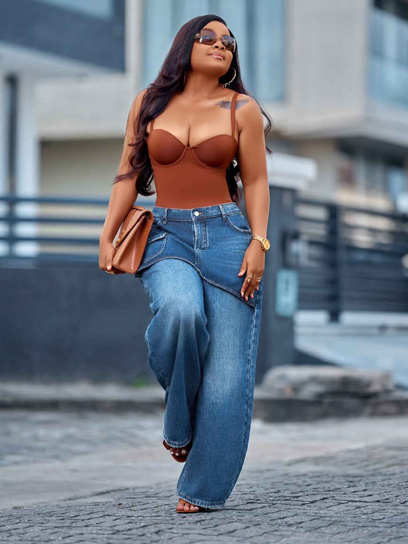 Women's Retro Wide-Leg Denim Jeans — Faux Two-Piece Style