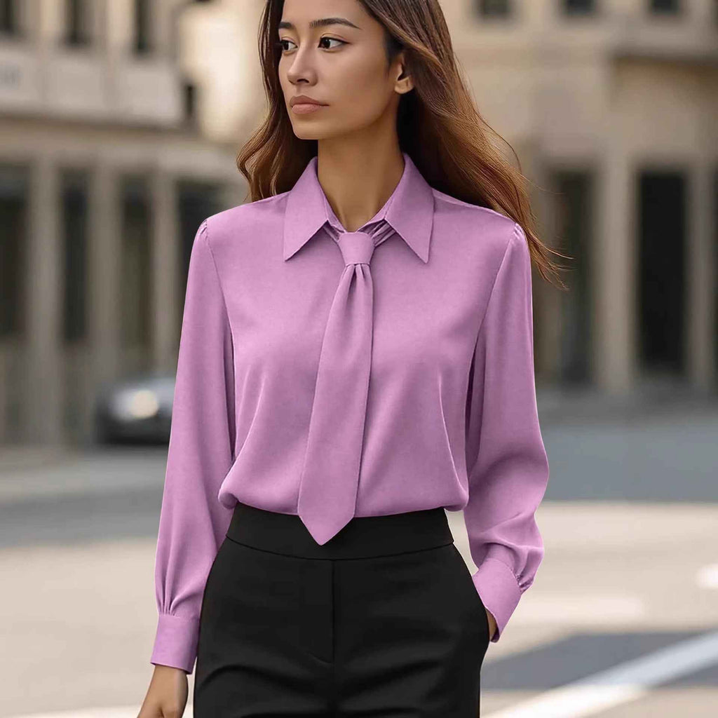 Womens Solid-Color Casual Tie Long-Sleeve French-Collar Shirt