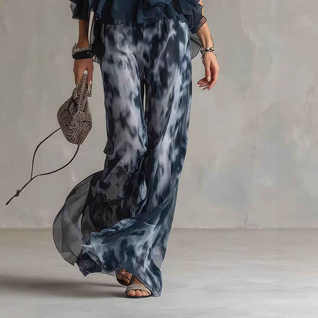 Women's Printed Chiffon Halter Top & Wide-Leg Pants Set — Navy Blue, S–2XL