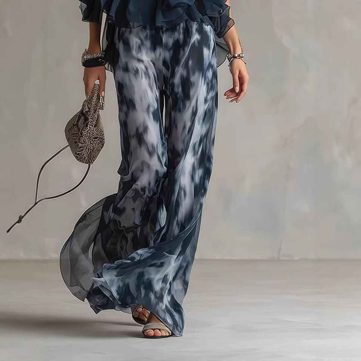 Women's Printed Chiffon Halter Top & Wide-Leg Pants Set — Navy Blue, S–2XL