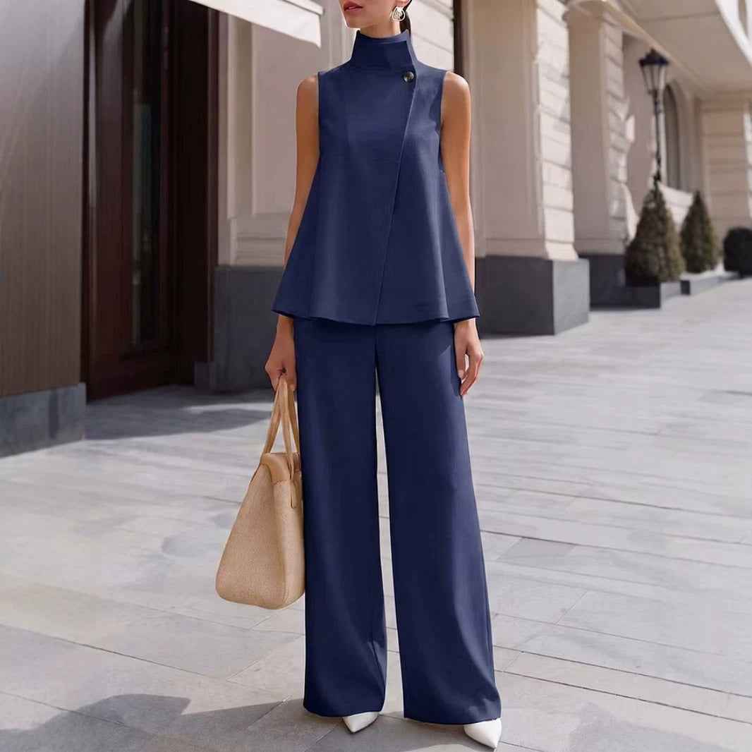 Womens Stand-collar Sleeveless Top And Elastic-waist Wide-leg Pants