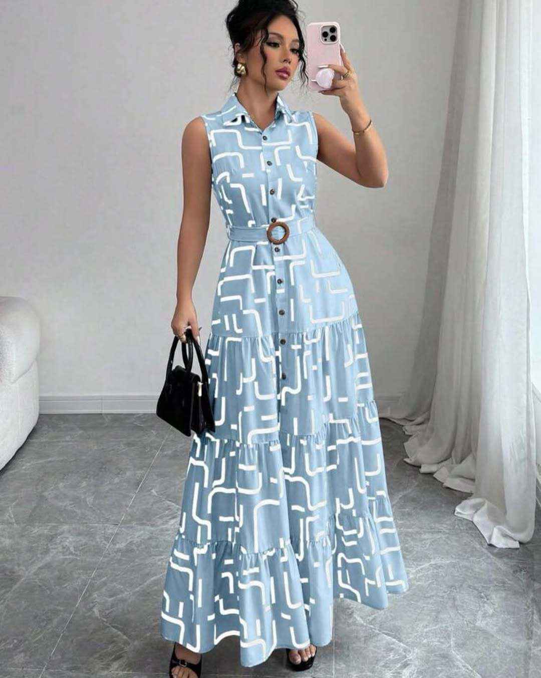 Printed-button Sleeveless Lace-up Shirt-collar Dress