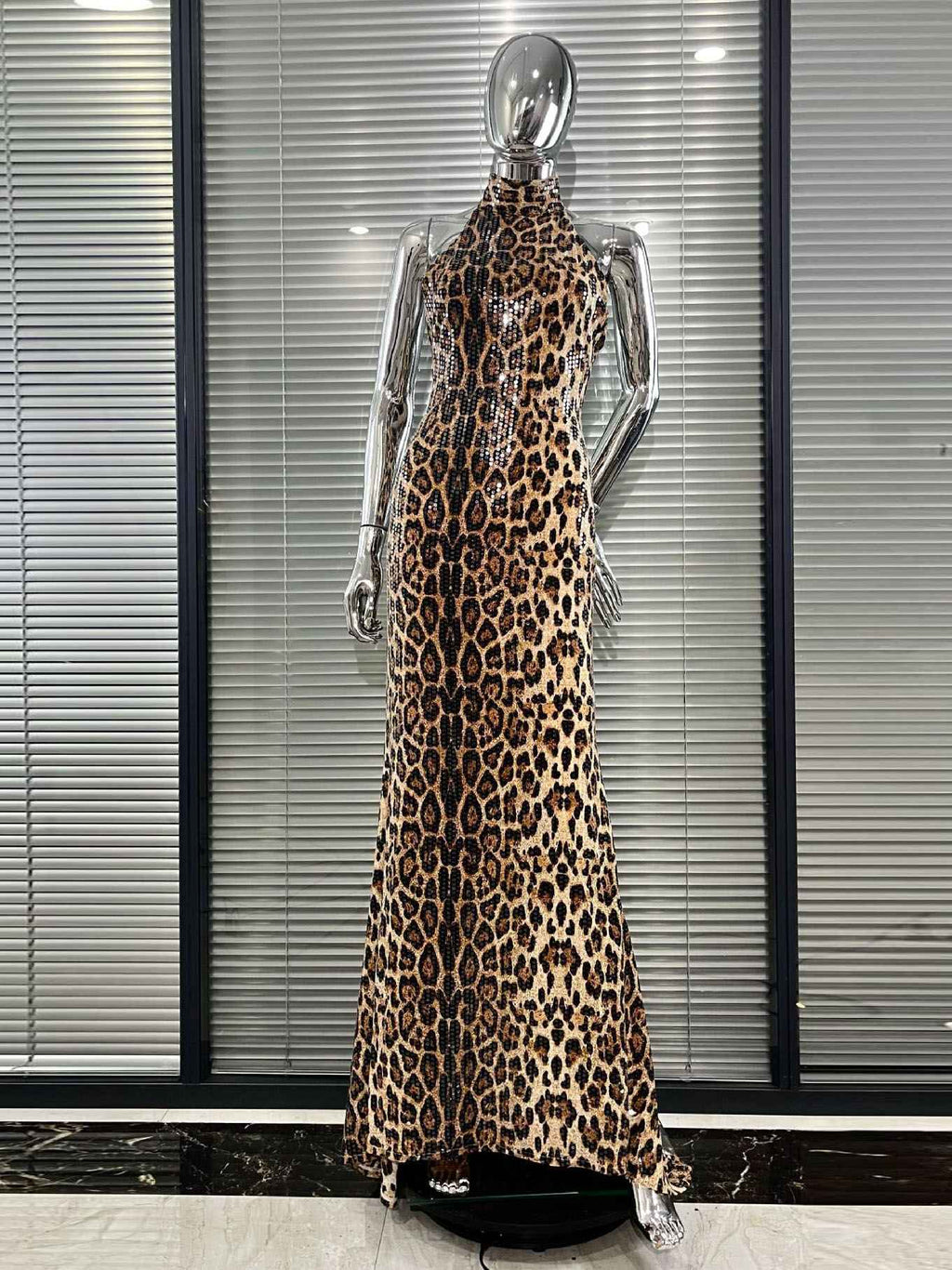 Leopard Print Sequin Halter-Neck Mermaid Gown