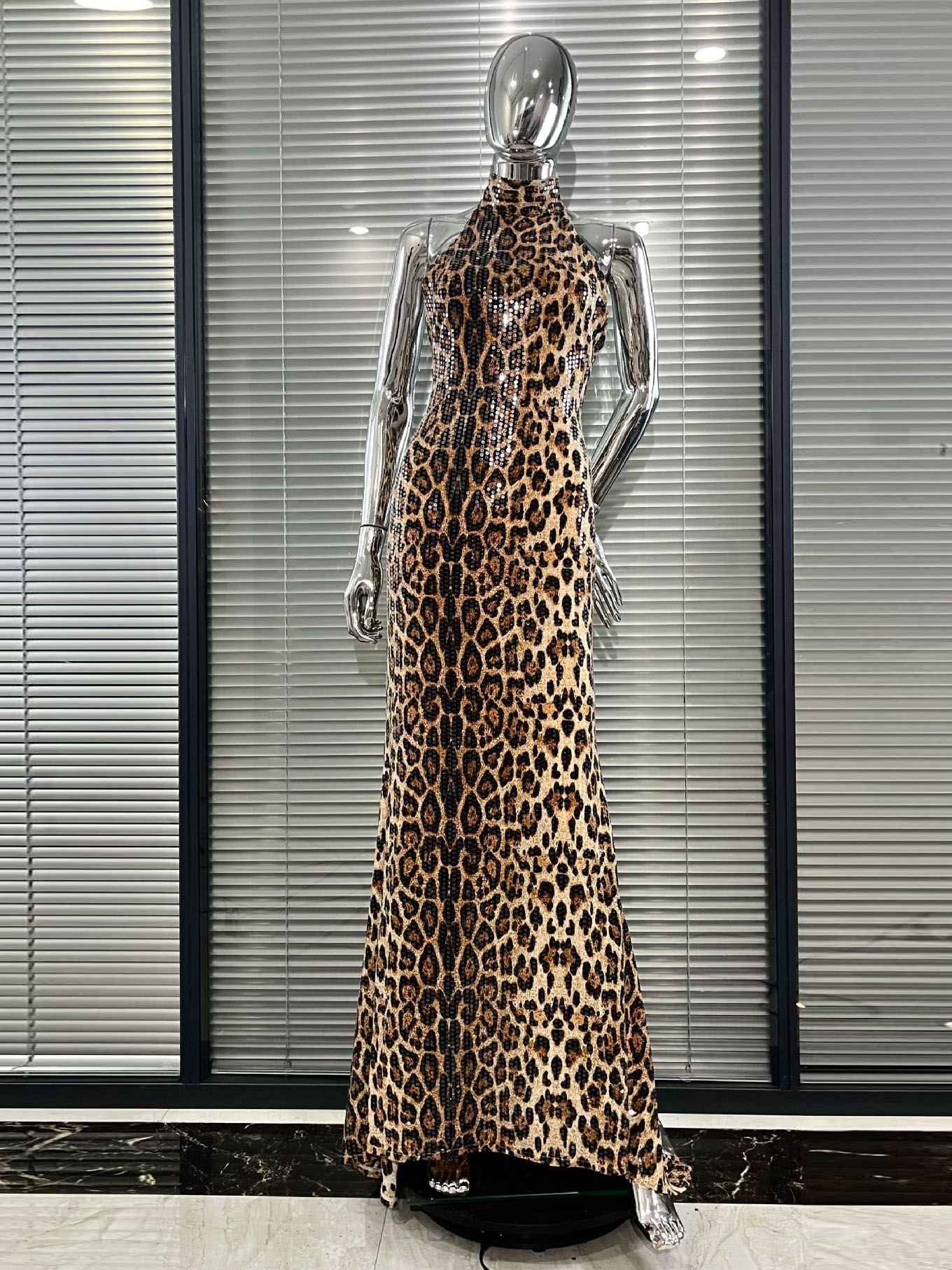 Leopard Print Sequin Halter-Neck Mermaid Gown
