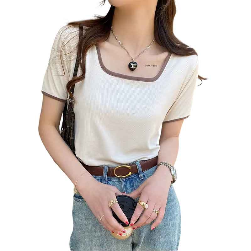 Square-Neck Colour-Block Top – Slim Fit, Ribbed, Short Sleeve