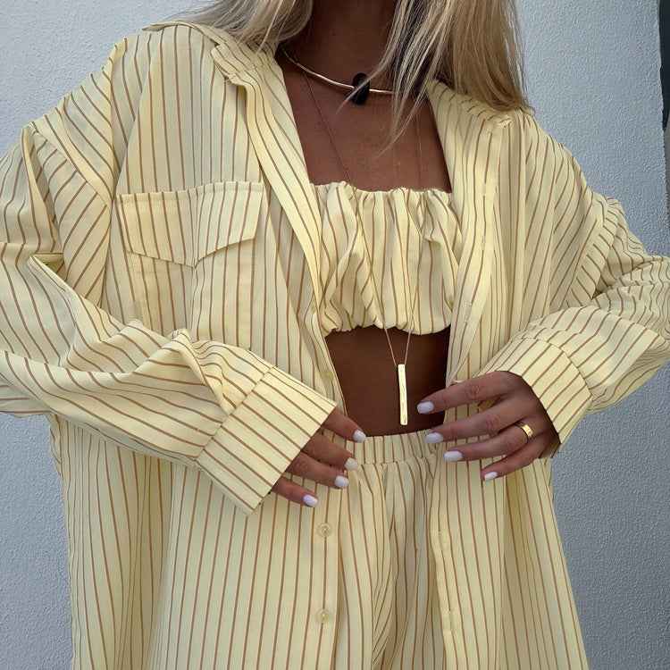 Striped 3-Piece Set – Oversized Shirt, Crop Tube Top & Elastic Shorts