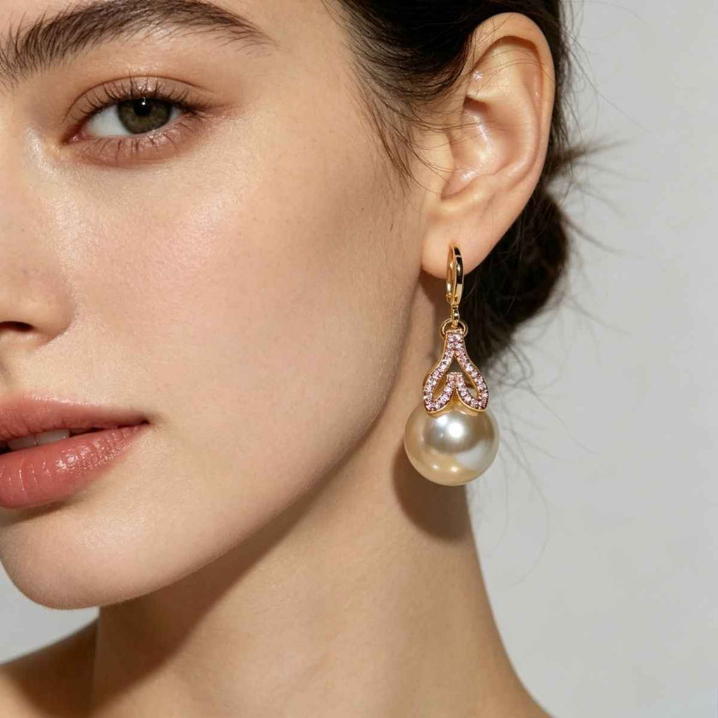 Hong Kong Style Pearl Earrings For Women, French Zircon C Hoop Studs With S925 Silver Needle, Retro Commute High-End Ear Jewelry