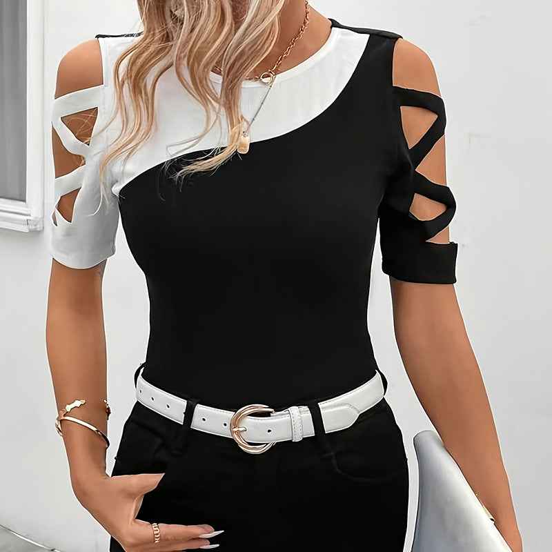 Contrast Patchwork Hollow-Out Slim Top — 4 Colourways, 0XL–6XL