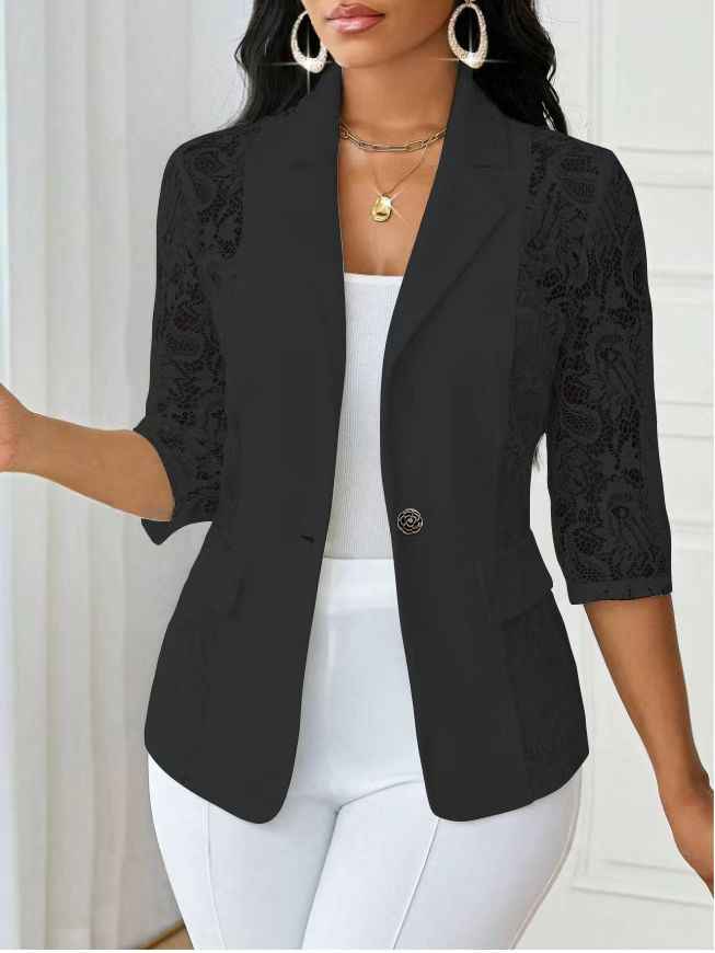 Women's Chiffon Blazer Top – Three-Quarter Sleeve Button Detail