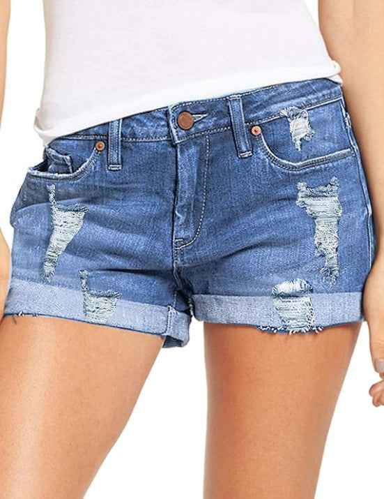 Stretchy Ripped Denim Shorts – Mid-Rise Straight Leg