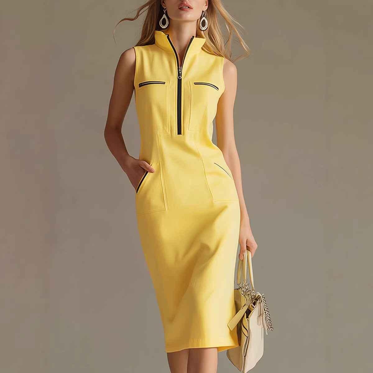 Colour-Block Stand Collar A-Line Midi Dress – Zip Closure
