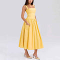 Women's Yellow Strapless Pleated Maxi Dress — A-Line & High Waist
