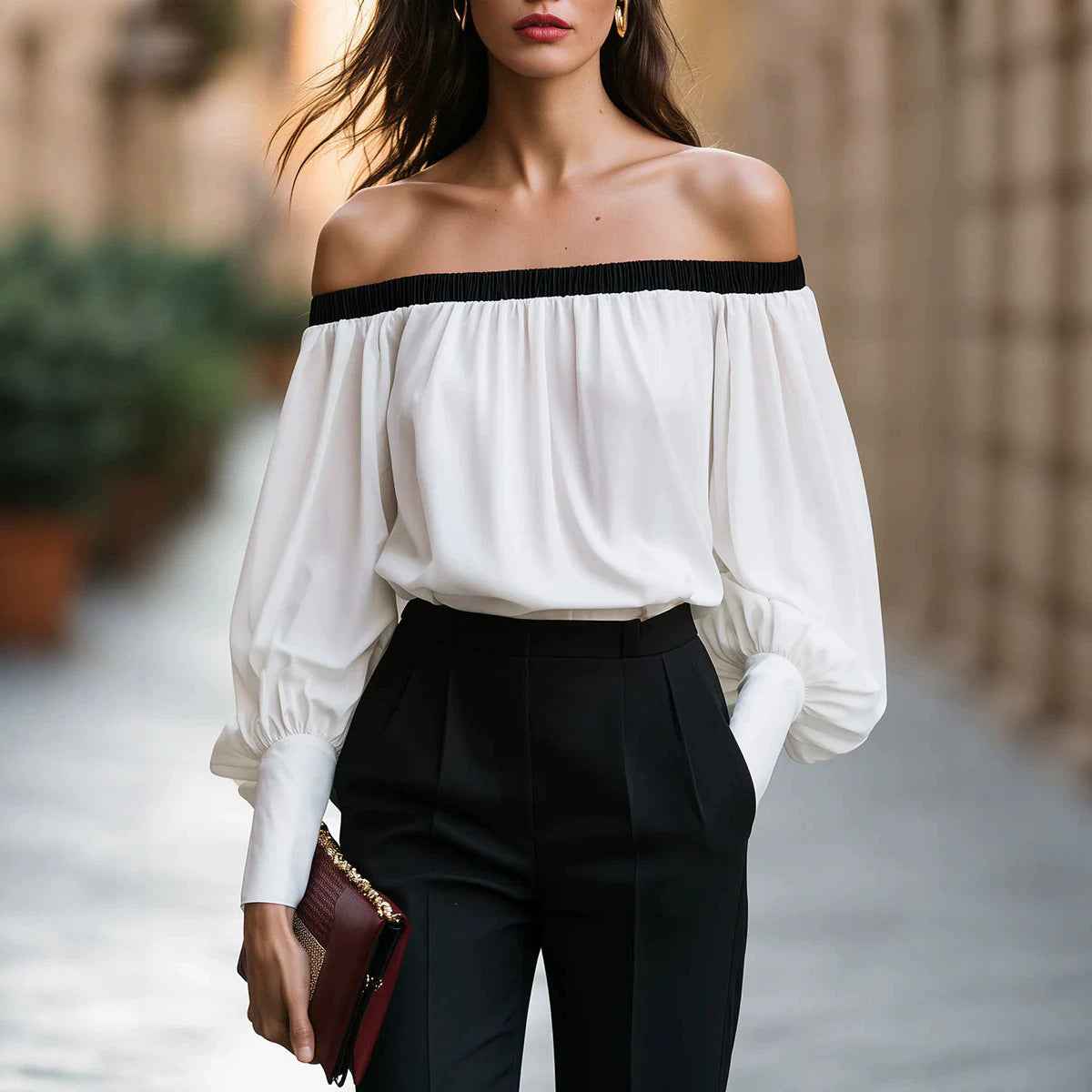 Off-shoulder Boat-neckline Loose-fit Draped Lantern-sleeve Solid-color Top