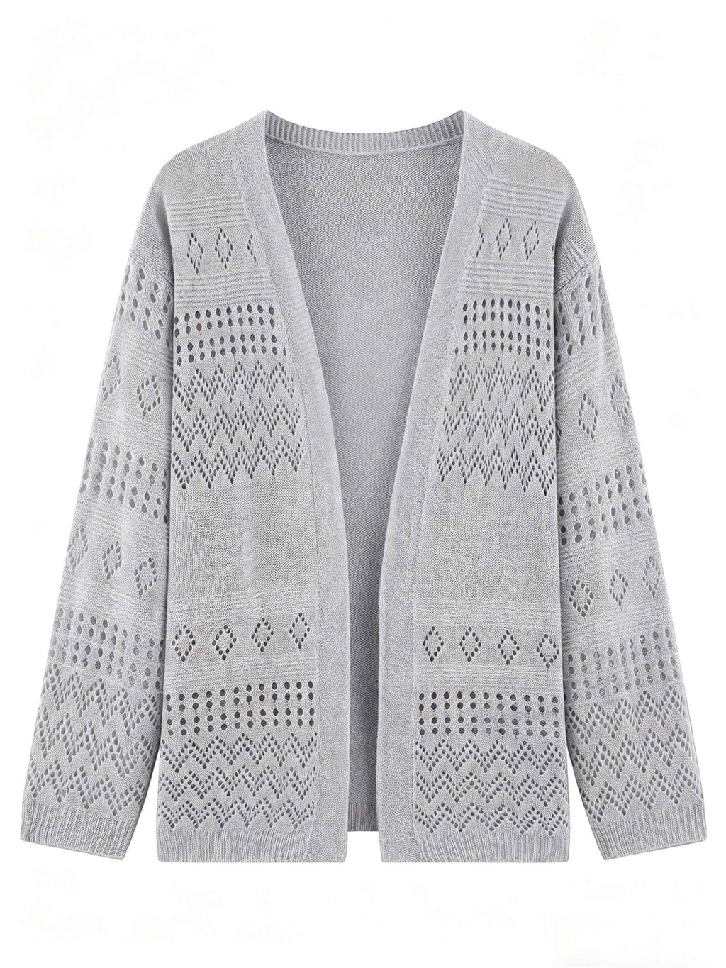 Women Boho Hollow Diamond Knit Cardigan Loose Long Sleeve Open Front Beach Cover Up