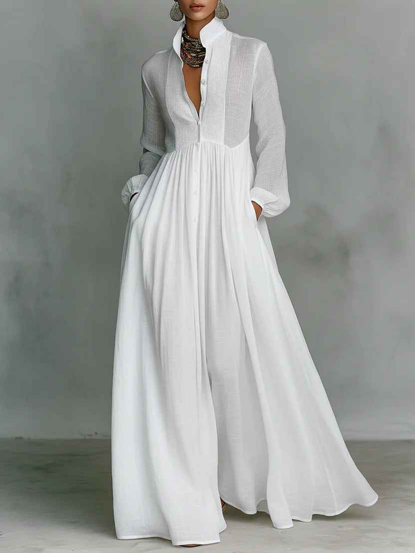Elegant Stand Collar Button Down Maxi Dress - Long Sleeve Pleated Flowy Gown With Pockets